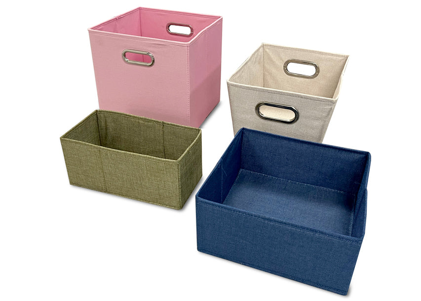 group of storage bins on white background