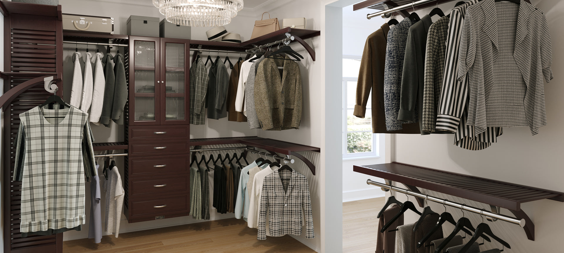 espresso walk in closet design banner