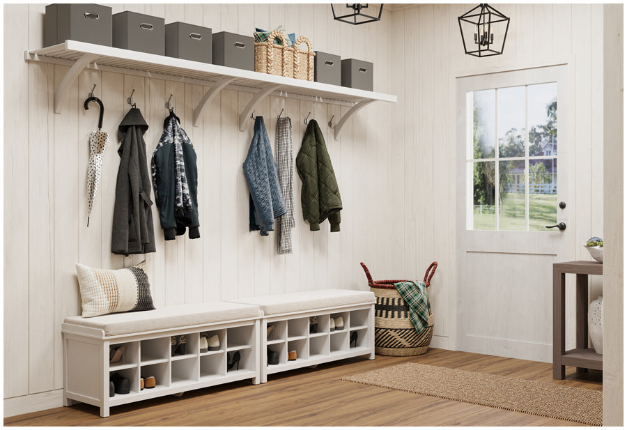 shoe bench in chic farmhouse mudroom