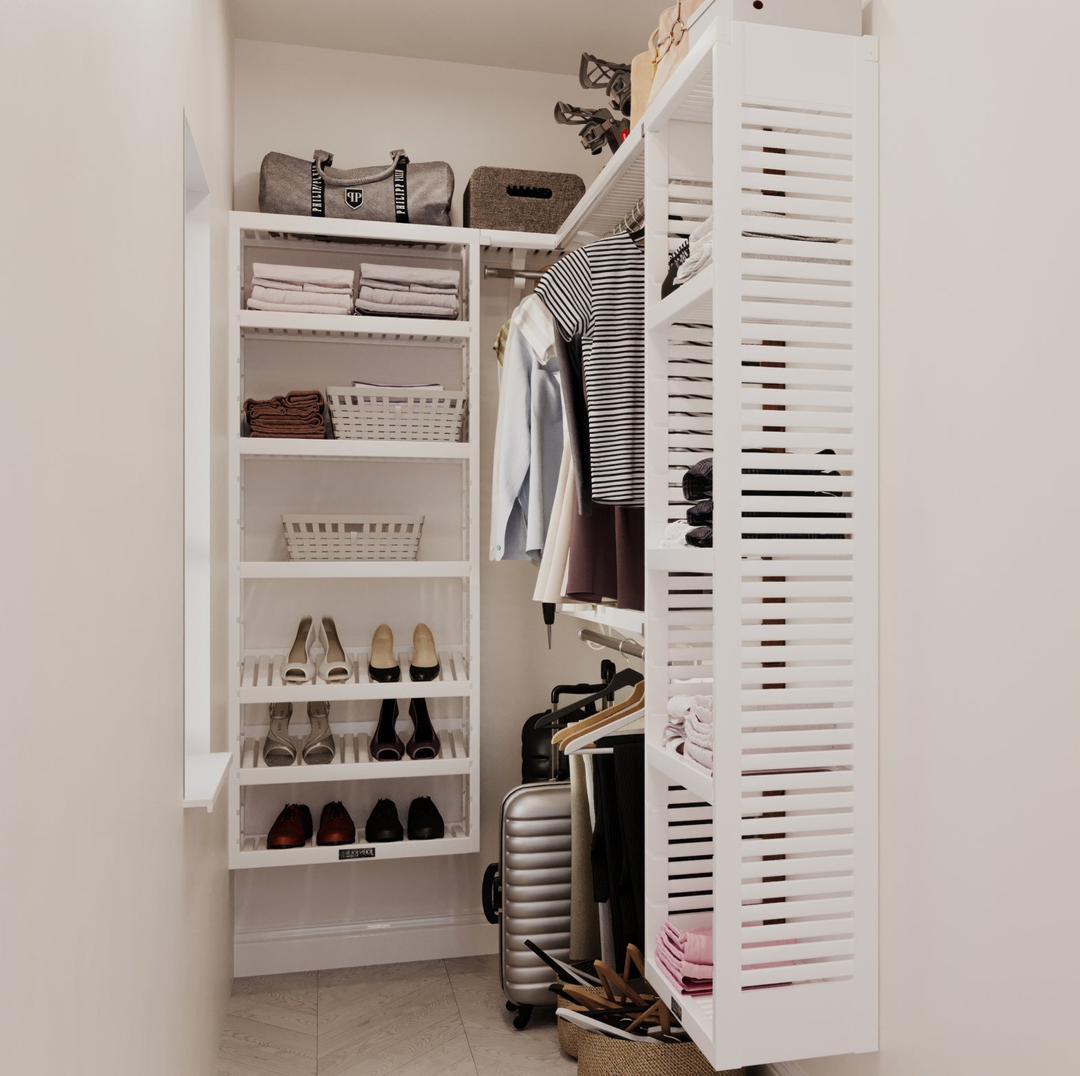 small walk in white closet system comparison