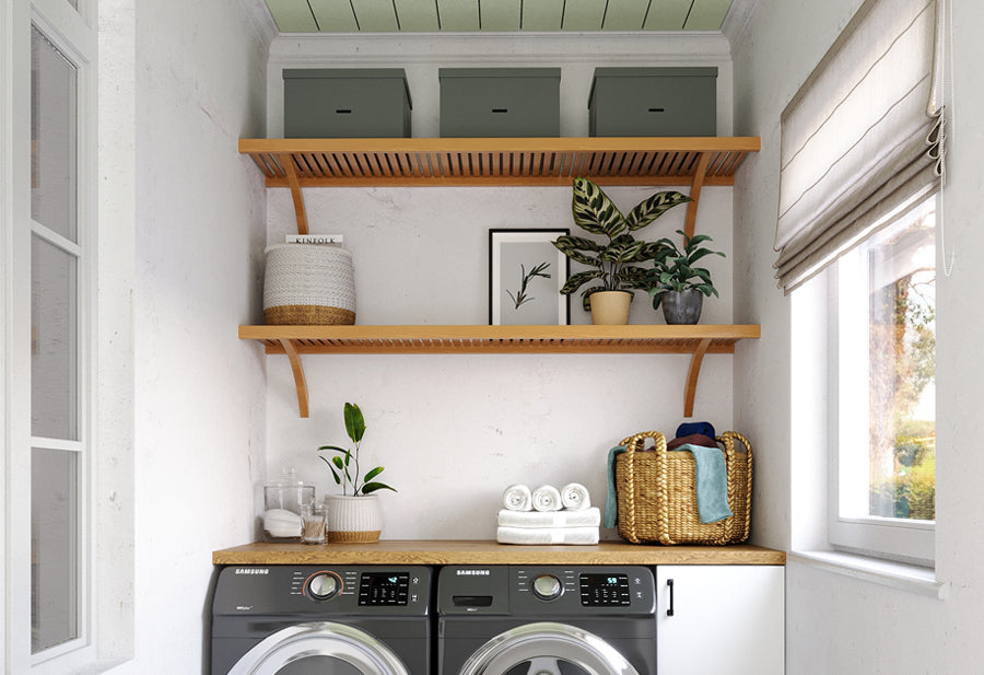 solid wood shelving used in laundry room