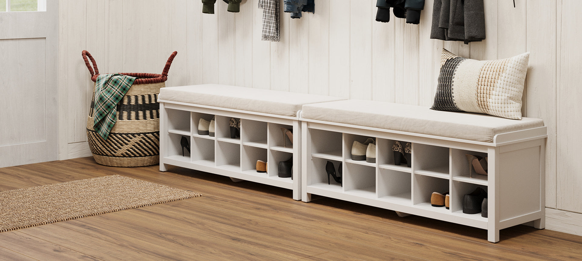 white shoe benches used in entryway