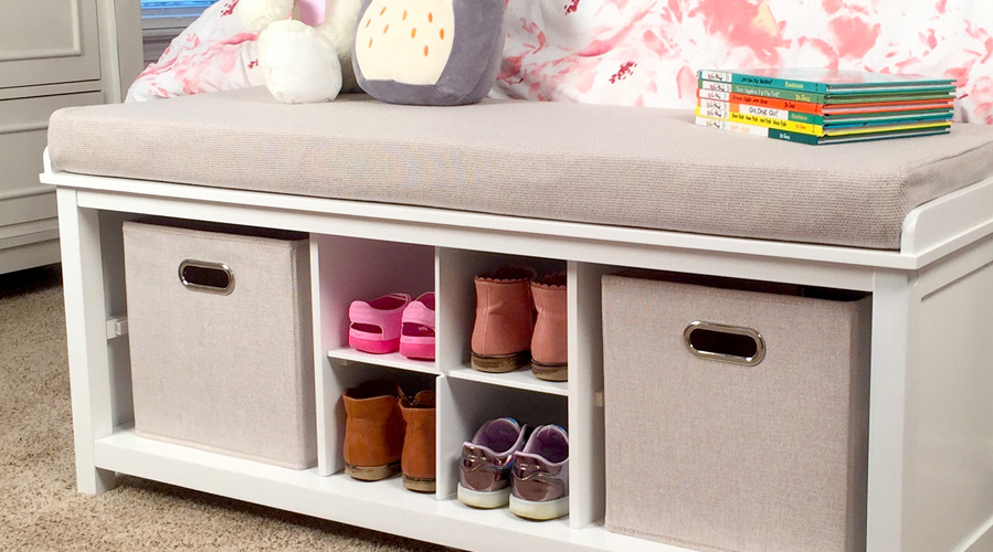 Use a John Louis Home kids shoe bench at the end of the bed