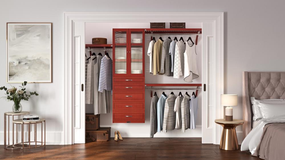 John Louis Home Reach in Small Closet System in Red Mahagony With Glass Doors and 6 Drawers