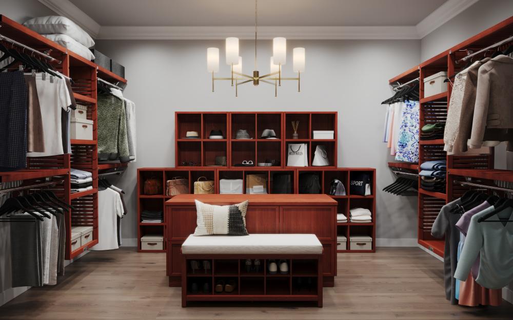 John Louis Home Solid Wood Closet System in an Island Walk-in Closet Layout in Red Mahogany 