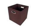 3/4 view of square brown canvas storage bin with chrome handle on white background