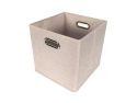 3/4 view of square cream tweed storage bin with chrome handle on white background