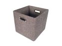 3/4 view of square grey tweed storage bin with chrome handle on white background