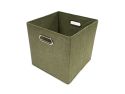 3/4 view of square olive green tweed storage bin with chrome handle on white background