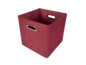 3/4 view of square burgundy tweed storage bin with chrome handle on white background