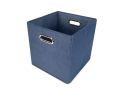 3/4 view of square royal blue tweed storage bin with chrome handle on white background