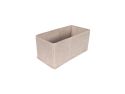 3/4 view of half rectangle cream tweed storage bin with chrome handle on white background