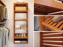 Closet showcasing a John Louis Home solid wood storage tower with adjustable shelves in a neatly organized closet with closeup of shelves of clothes and shoes, a close-up of a ventilated wooden shelf tower.