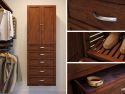 Closet showcasing a John Louis Home storage tower with drawers and solid doors in a neatly organized closet with shelves of clothes and shoes, a close-up of a wooden shelf tower.