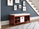 Solid wood red mahogany entryway bench with 2 shoe cubbies and one storage bin cubby with Crean tween fabric storage bin and memory foam cushion placed in a stairway hallway with contemporary decor.