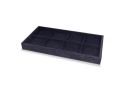 An empty black velvet  John Louis Home belt and tie tray with different compartments on a white background.