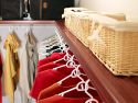 Close up of the wood details of renew wire shelf covers used on bedroom closet shelving