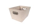 3/4 view of rectangle cream tweed storage bin with chrome handle on white background