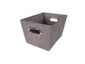 3/4 view of rectangle grey tweed storage bin with chrome handle on white background