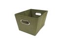 3/4 view of rectangle olive tweed storage bin with chrome handle on white background