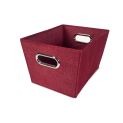 3/4 view of rectangle burgundy tweed storage bin with chrome handle on white background