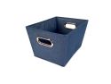 3/4 view of rectangle cream navy storage bin with chrome handle on white background