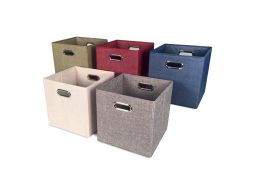 Five square tweed storage bins in colors of olive green, maroon, royal blue, cream and grey with silver handles