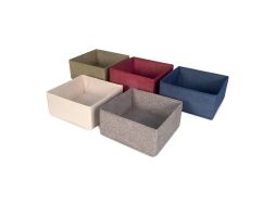 Five half square tweed storage bins in colors of olive green, maroon, royal blue, cream and grey with silver handles