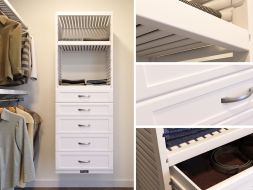 Closet showcasing a John Louis Home storage tower with drawers in a neatly organized closet with shelves of clothes and shoes, a close-up of a wooden shelf tower.