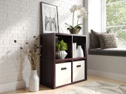 White brick wall with window and shelf, featuring a 4 cube storage organizer.