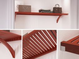 A collage of three images showcasing a John Louis Home solid wooden shelf in a modern room. top image displays the shelf holding accessories, while lower images focus on the shelf's ventilated wooden slat design and support bracket.