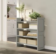 John Louis Home 2-Tier grey Storage Rack with neatly organized books, decor items and storage bins in a hallway