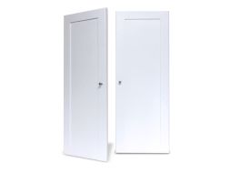 Two John Louis Home solid wooden doors against a white background with a satin nickel doorknob visible.