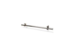 John Louis Home 4ft satin nickel bar kit with J-hooks to be added to a wooden shelf for hanging clothes shown on a white background