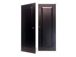 Two  John Louis Home solid wooden doors against a white background with a satin nickel doorknob visible.