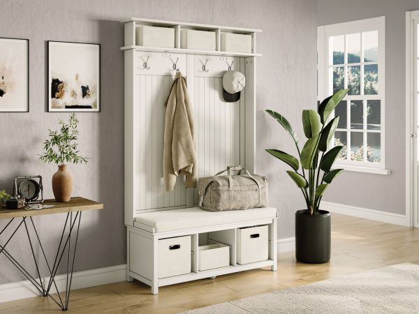 An elegant entryway hall tree with a featuring chic coat and hat hoots, shoe and bin cubbies for ample storage solutions.