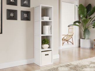 A 4 cube tall storage bookcase with a plant and a vase on it, adding a touch of nature and elegance to the room.