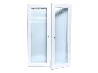 Two John Louis Home fluted glass wooden doors against a white background with a satin nickel doorknob visible.