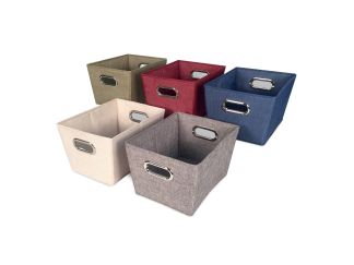 Five rectangle tweed storage bins in colors of olive green, maroon, royal blue, cream and grey with silver handles