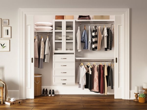 John Louis Home closet organizer in bedroom closet with 4 drawers and glass doors