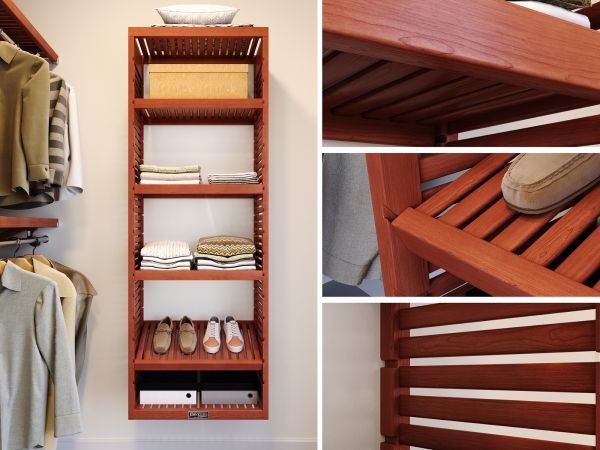 Closet showcasing a John Louis Home storage tower in a neatly organized closet with shelves of clothes and shoes, a close-up of a wooden shelf tower.