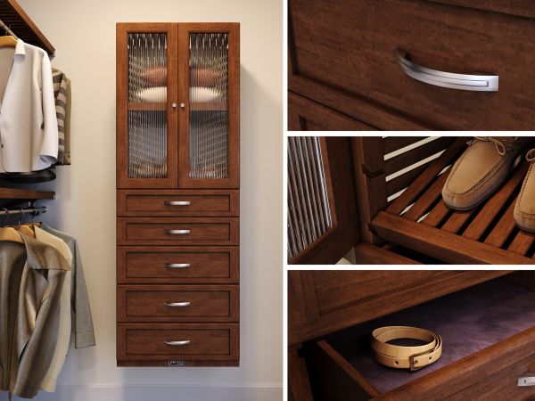 Closet showcasing a John Louis Home storage tower with drawers and glass doors in a neatly organized closet with shelves of clothes and shoes, a close-up of a wooden shelf tower.