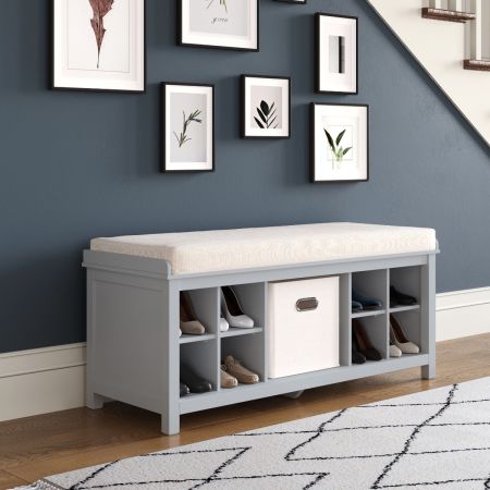 John Louis Home White Entryway Bench with 1 bin and 2 shoe dividers lifestyle