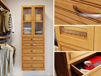 Closet showcasing a John Louis Home storage tower with drawers and glass doors in a neatly organized closet with shelves of clothes and shoes, a close-up of a wooden shelf tower.