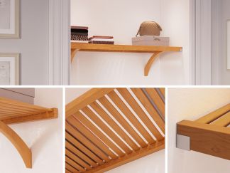 A collage of three images showcasing a John Louis Home solid wooden shelf in a modern room. top image displays the shelf holding accessories, while lower images focus on the shelf's ventilated wooden slat design and support bracket.