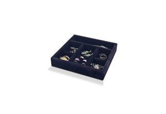 Black velvet John Louis Home Half size jewelry organizer tray displaying various items including rings, earrings, bracelets, and a silver clutch placed in a compartment on a white background.