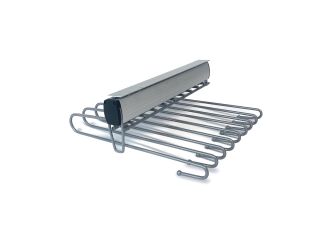 A John Louis Home satin nickel, full extension pant rack displayed on a white background.