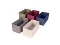 Five half rectangle tweed storage bins in colors of olive green, maroon, royal blue, cream and grey with silver handles