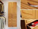 Closet showcasing a John Louis Home storage tower with drawers and solid doors in a neatly organized closet with shelves of clothes and shoes, a close-up of a wooden shelf tower.