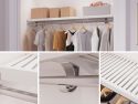 A collage of three images showcasing a John Louis Home solid wooden shelf and garment bar in a modern room holding storage boxes and various clothes hanging. Below are close-up views of the John Louis Home solid wood shelving with bar details, including t